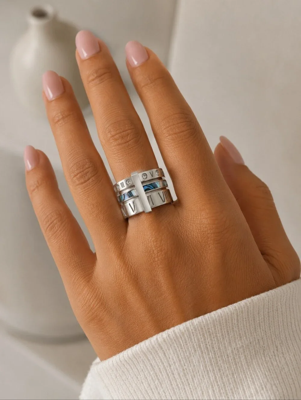 Stainless steel silver tone stacked chunky ring nwt